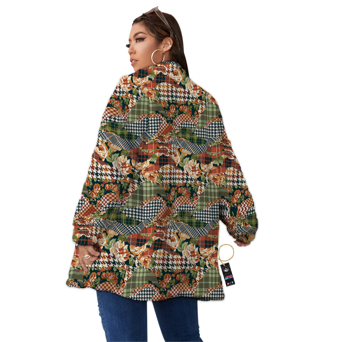Mix Houndstooth Tartan Print Pattern Women's Sherpa Jacket-grizzshop