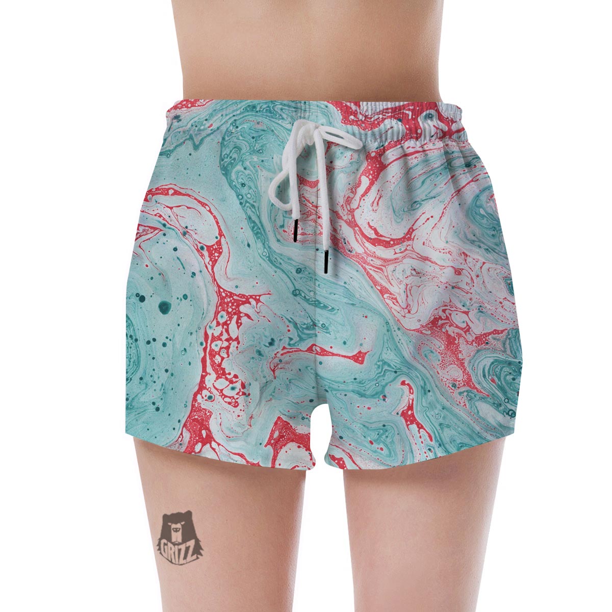 Mixed Red and Turquoise Marble Women's Shorts-grizzshop