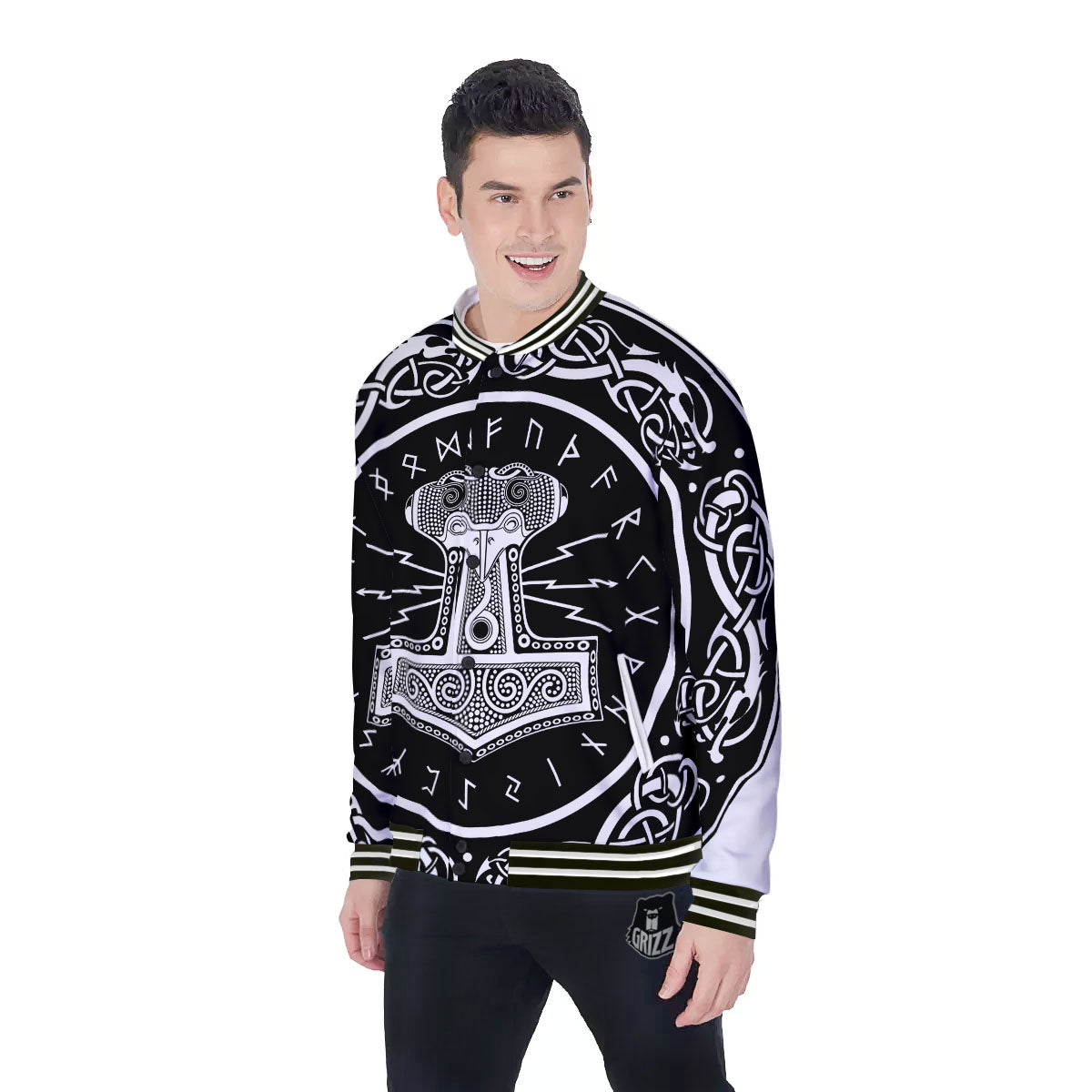 Mjolnir White And Black Print Baseball Jacket-grizzshop