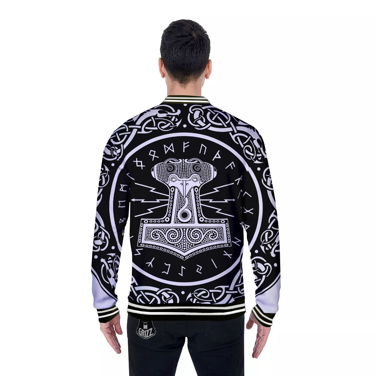 Mjolnir White And Black Print Baseball Jacket-grizzshop
