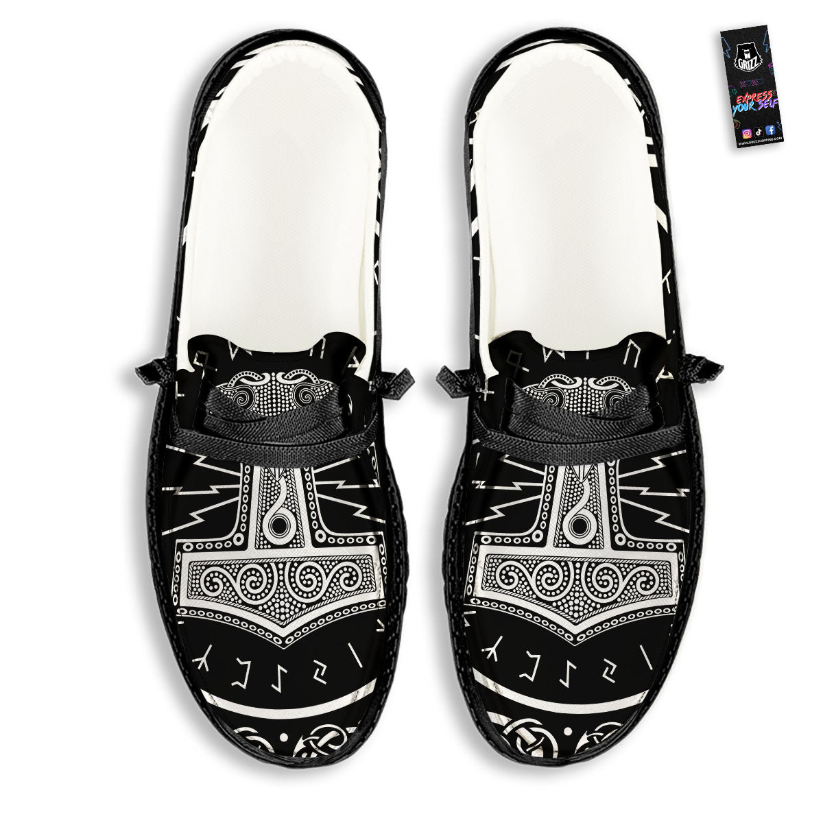 Mjolnir White And Black Print Black Loafers-grizzshop