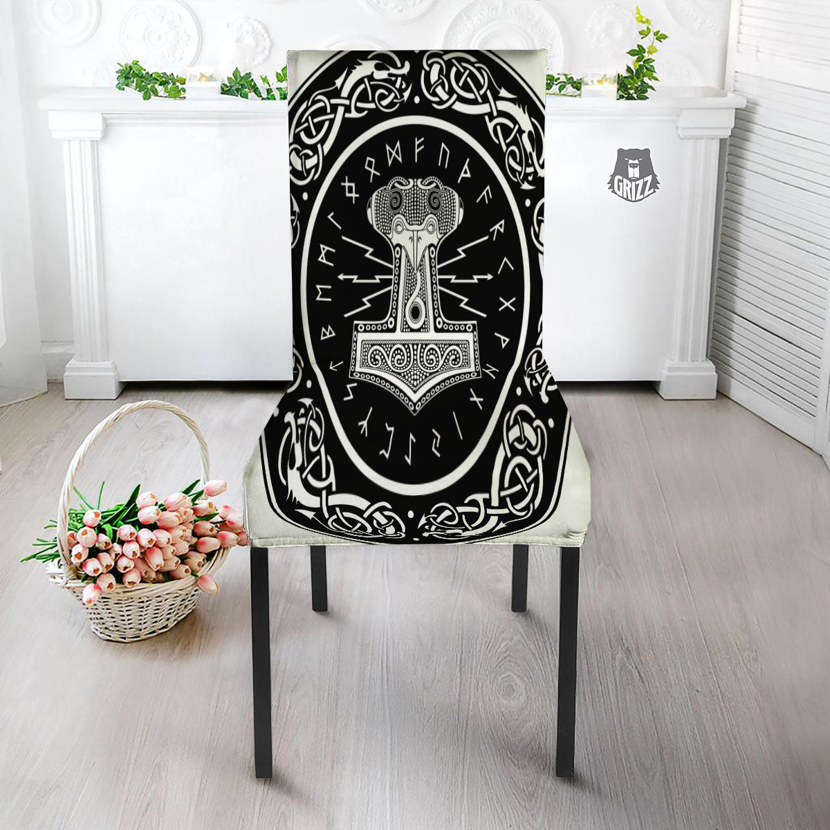 Mjolnir White And Black Print Dining Chair Slipcover-grizzshop