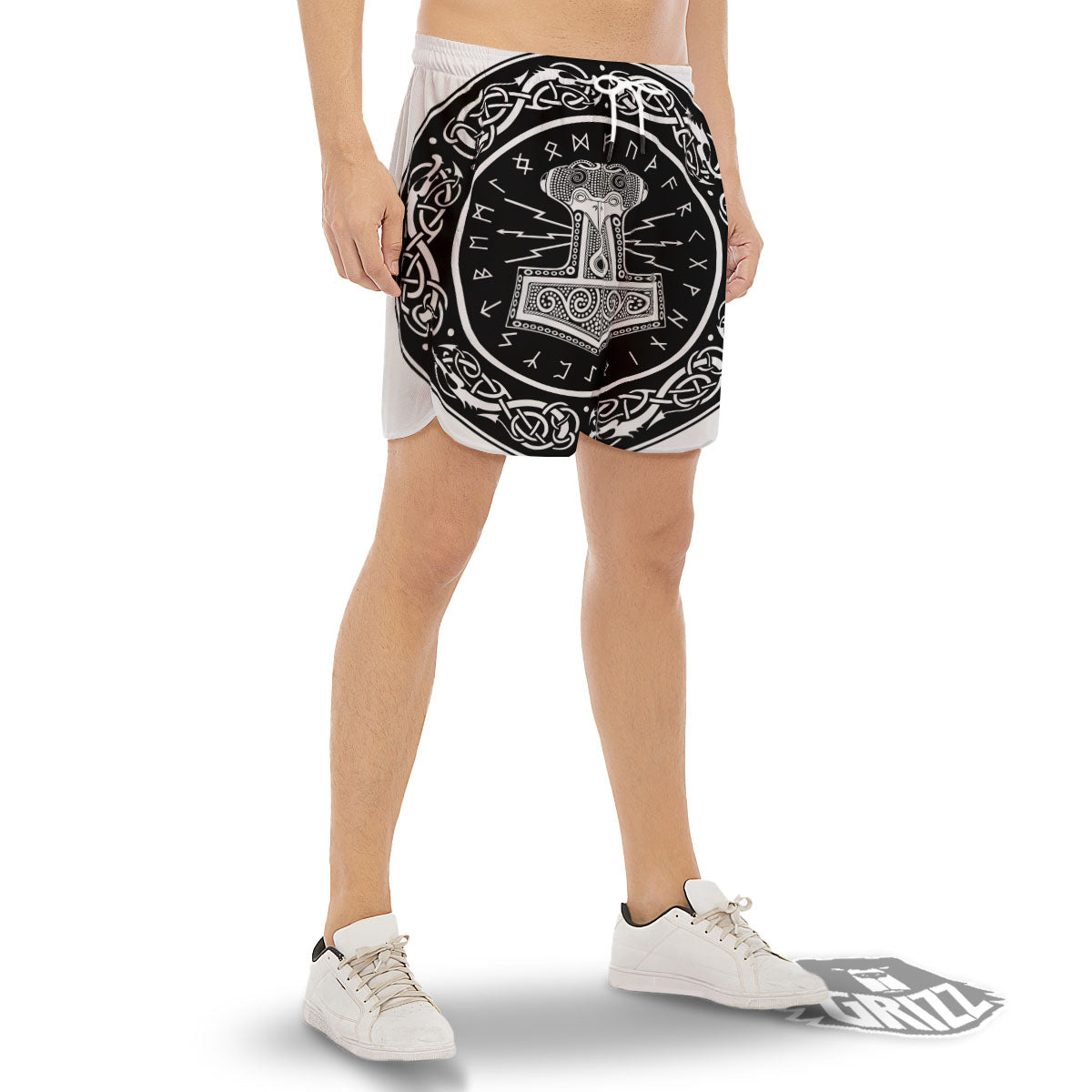 Mjolnir White And Black Print Men's Gym Shorts-grizzshop