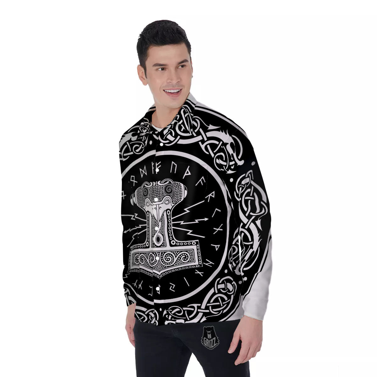 Mjolnir White And Black Print Men's Long Sleeve Shirts-grizzshop