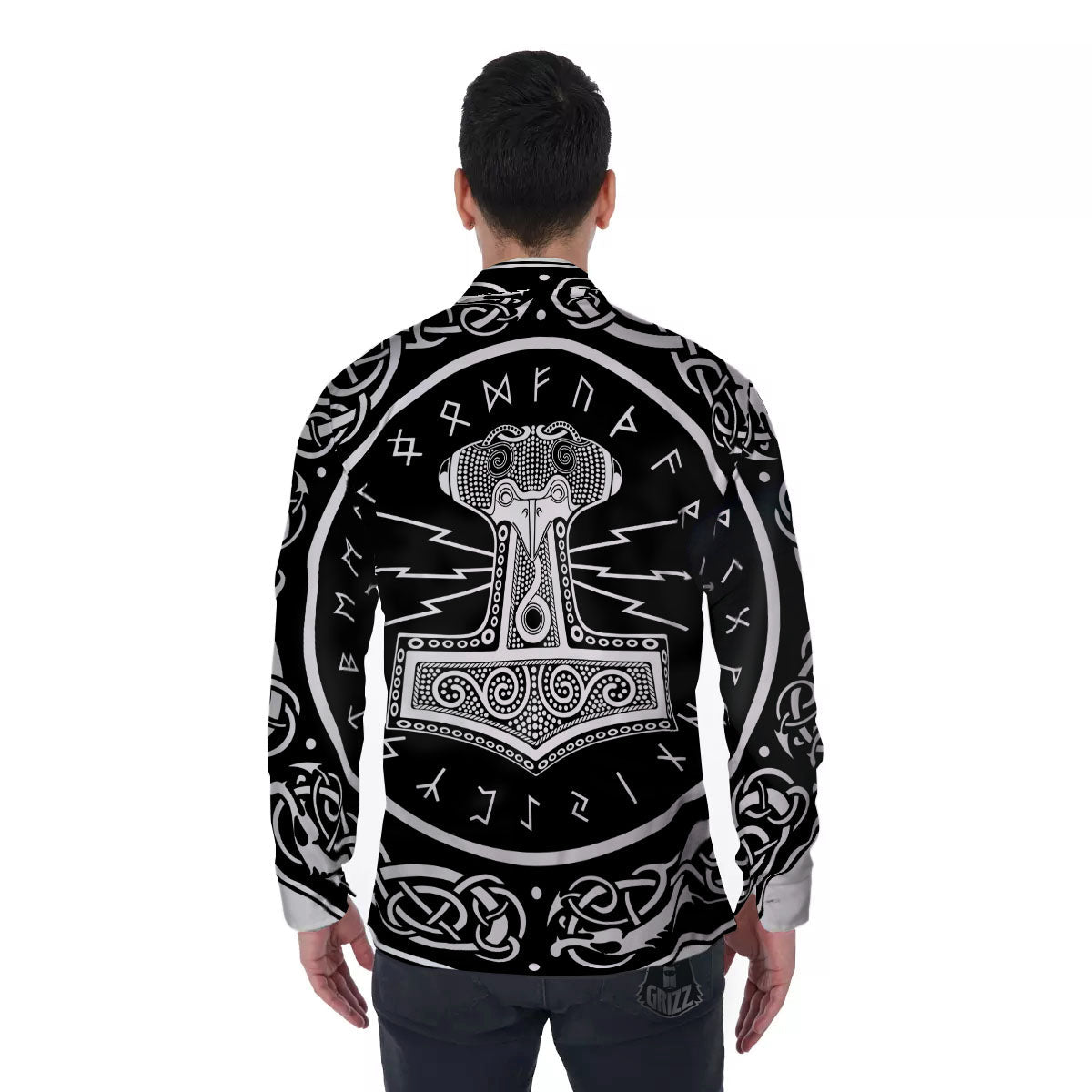 Mjolnir White And Black Print Men's Long Sleeve Shirts-grizzshop