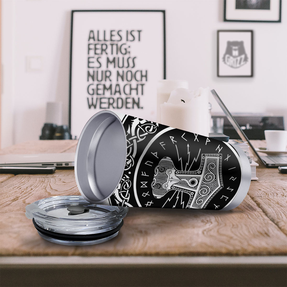 Mjolnir White And Black Print Tumbler-grizzshop