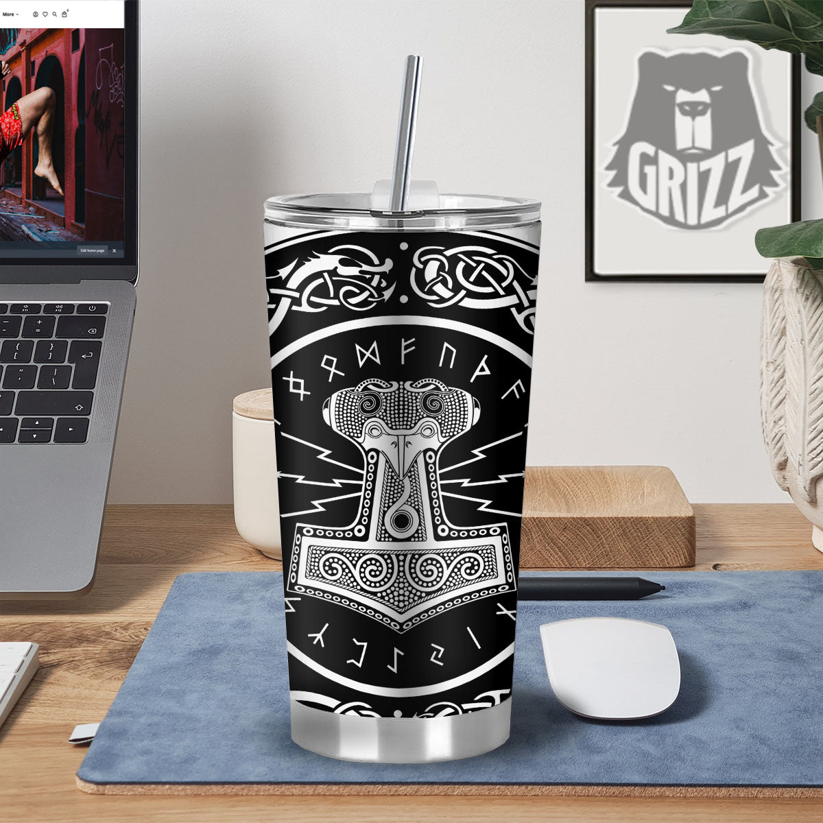 Mjolnir White And Black Print Tumbler-grizzshop