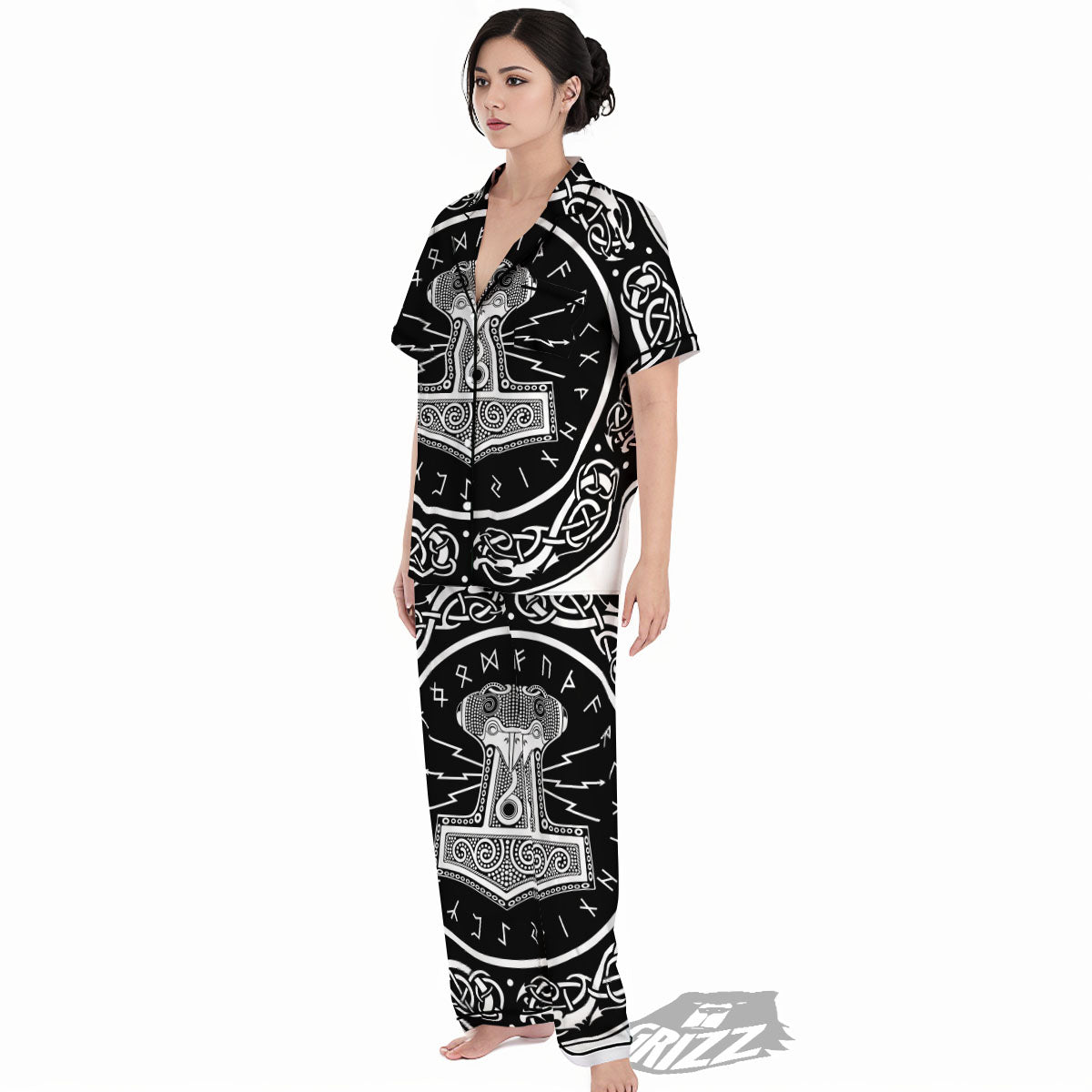 Mjolnir White And Black Print Women's Pajamas Set-grizzshop