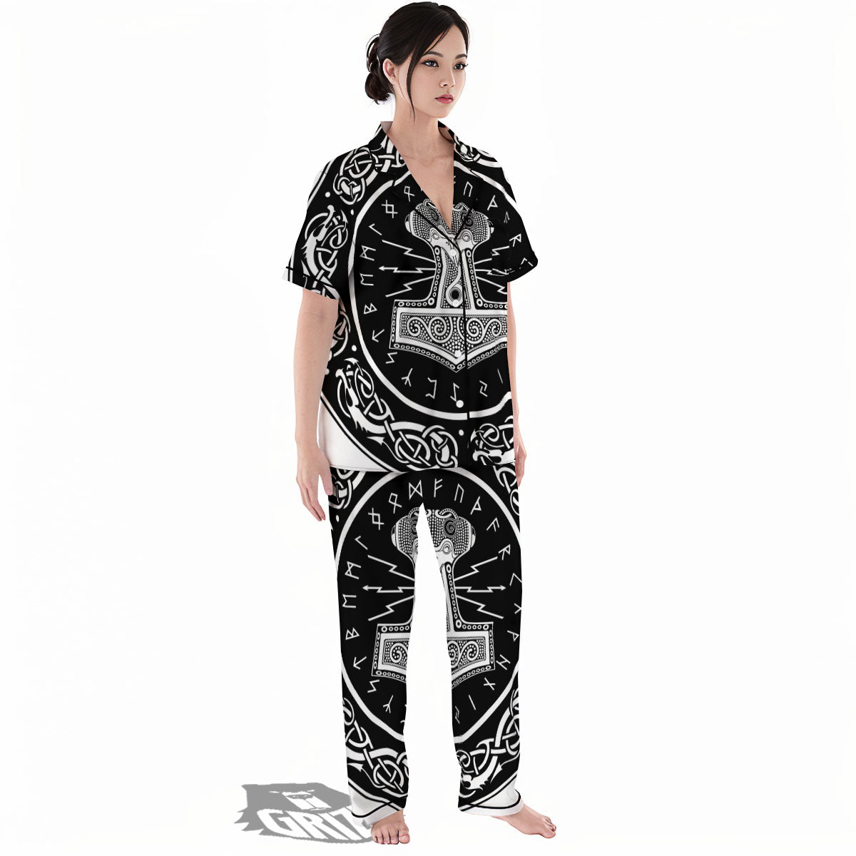 Mjolnir White And Black Print Women's Pajamas Set-grizzshop