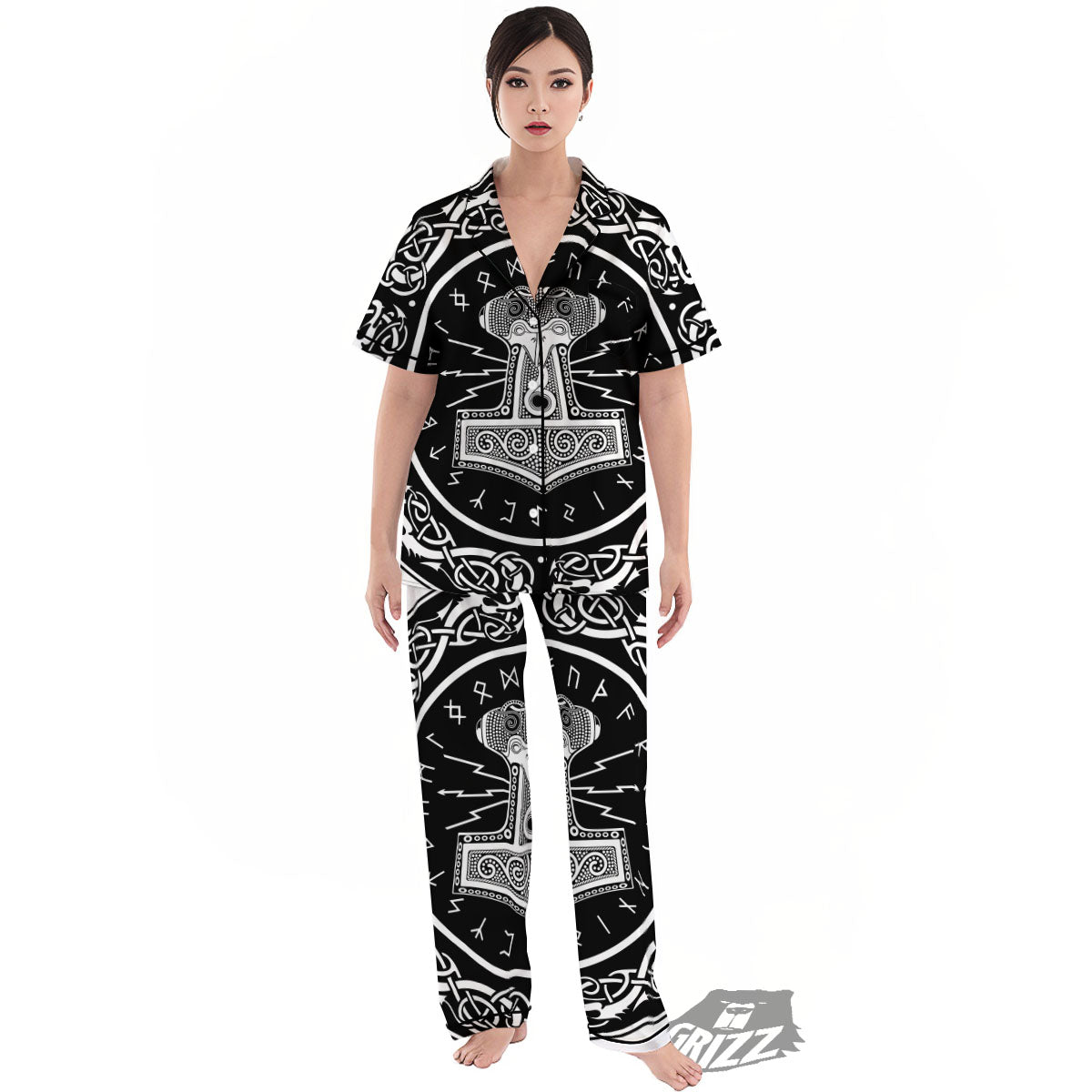 Mjolnir White And Black Print Women's Pajamas Set-grizzshop