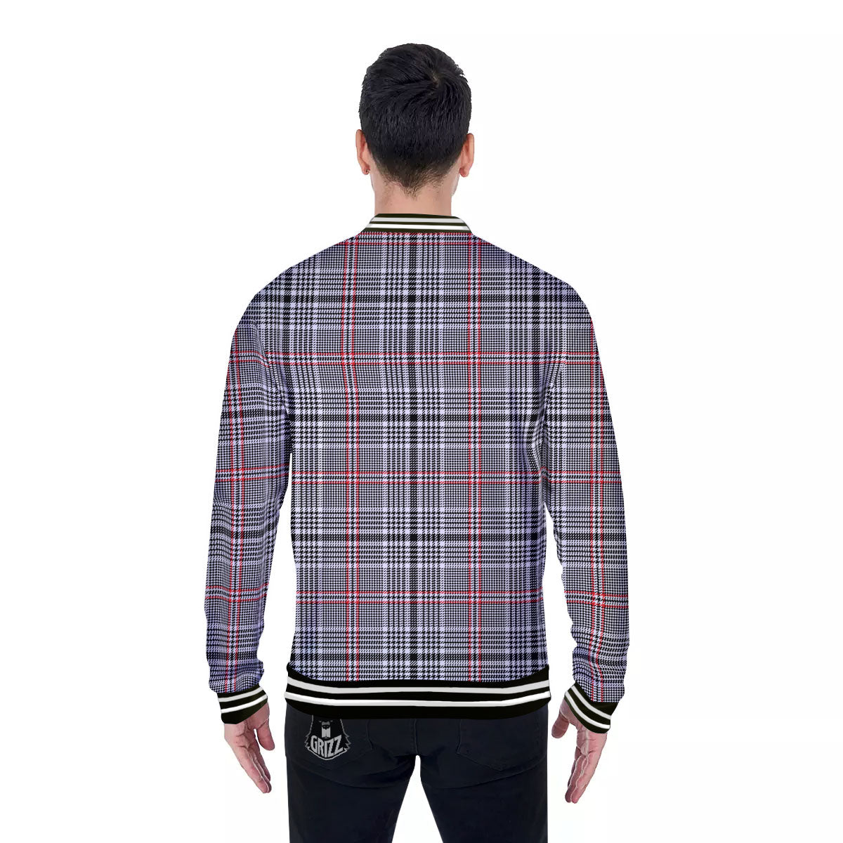 Modern Tartan Plaid White And Black Red Print Baseball Jacket-grizzshop