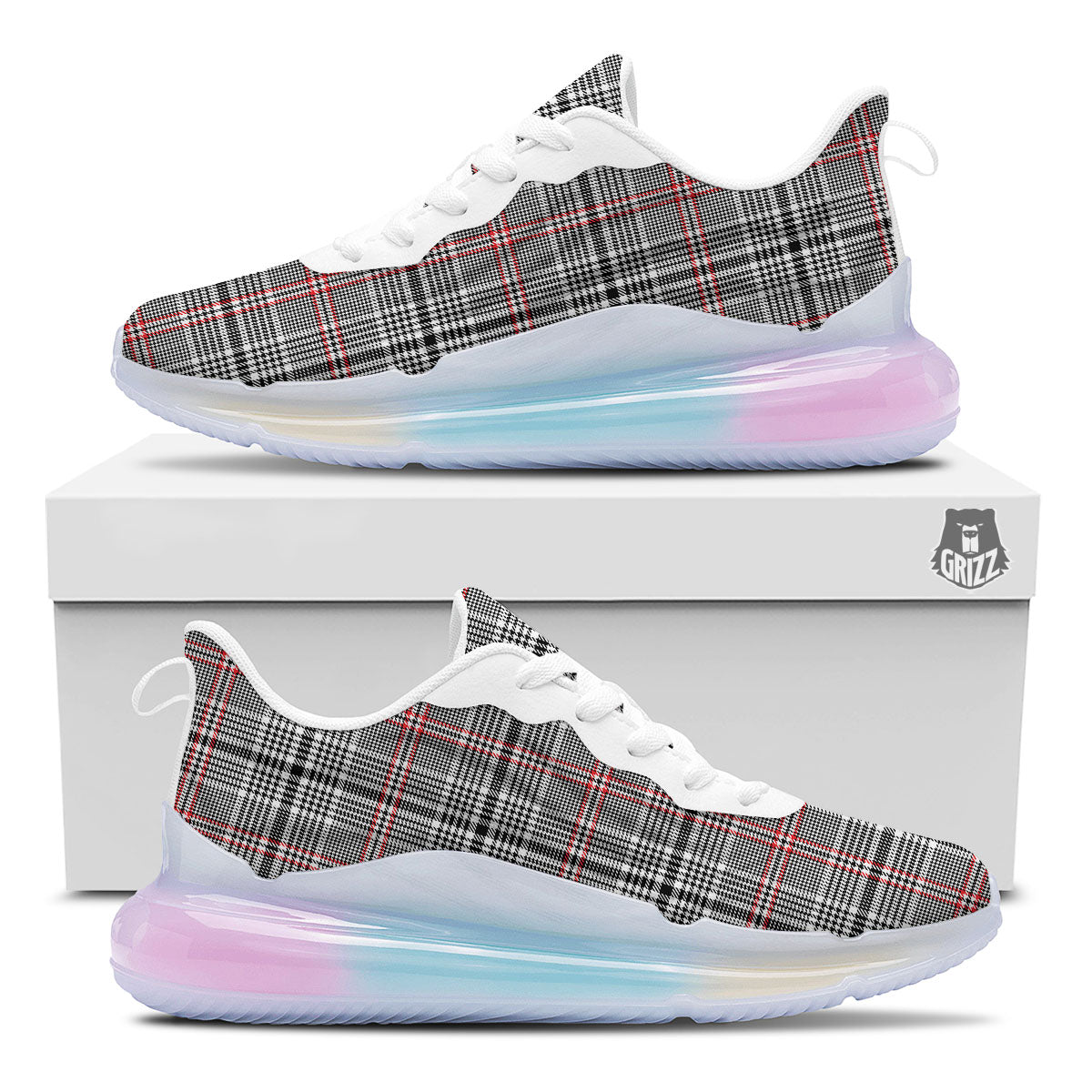 Modern Tartan Plaid White And Black Red Print Running Sneakers-grizzshop