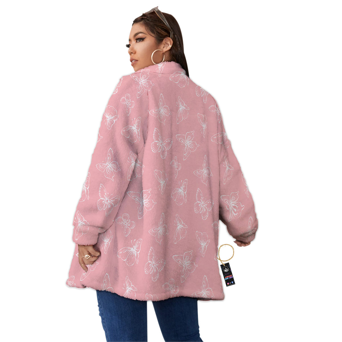 Monarch Butterfly Pink Print Pattern Women's Sherpa Jacket-grizzshop