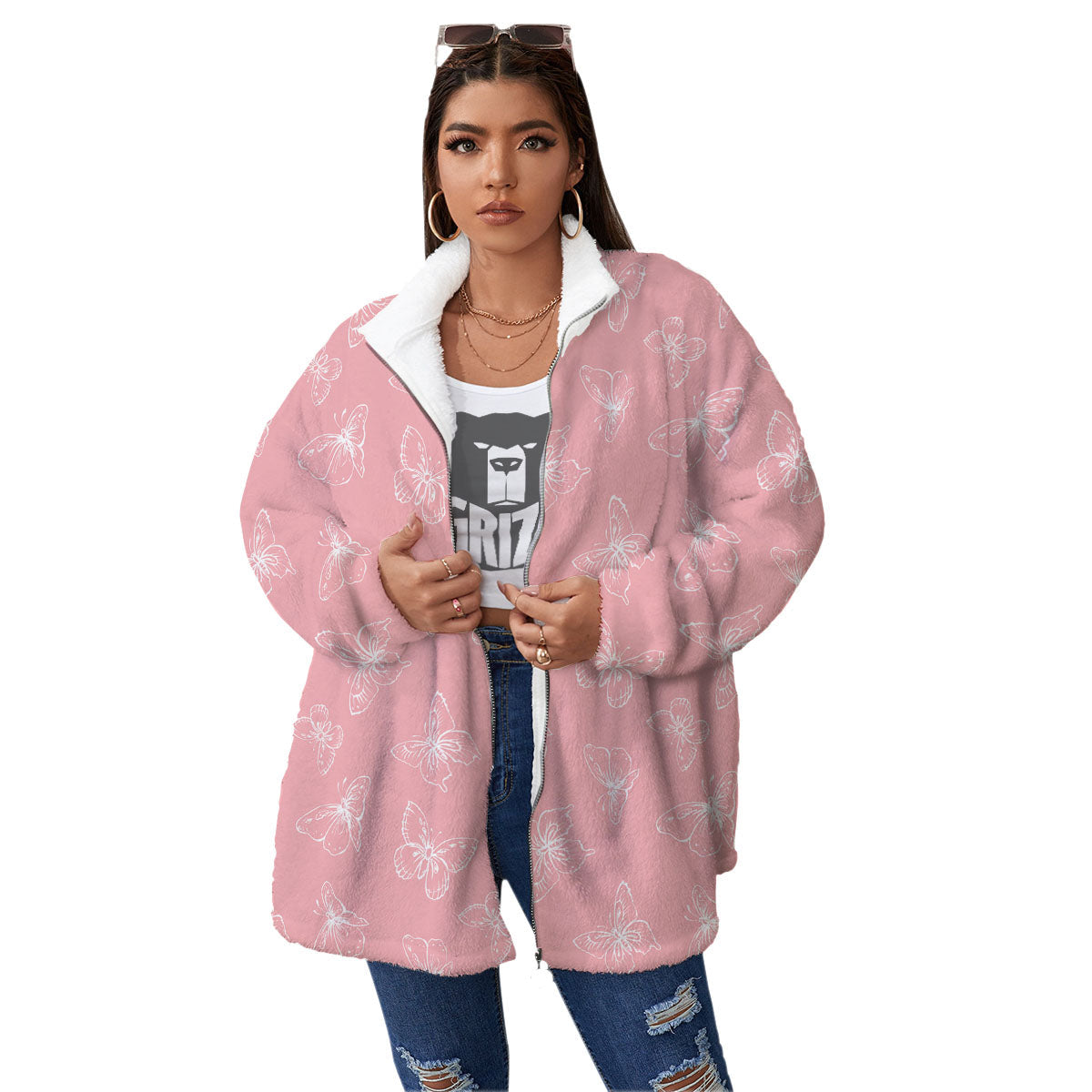 Monarch Butterfly Pink Print Pattern Women's Sherpa Jacket-grizzshop