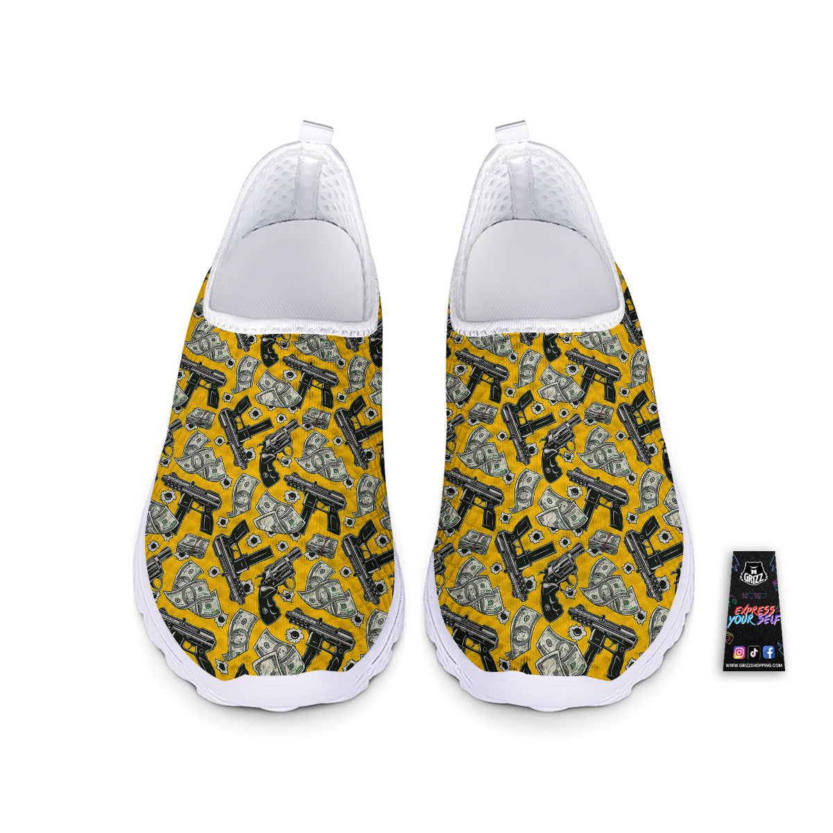 Money And Weapon Vintage Print Pattern Nurse Shoes-grizzshop
