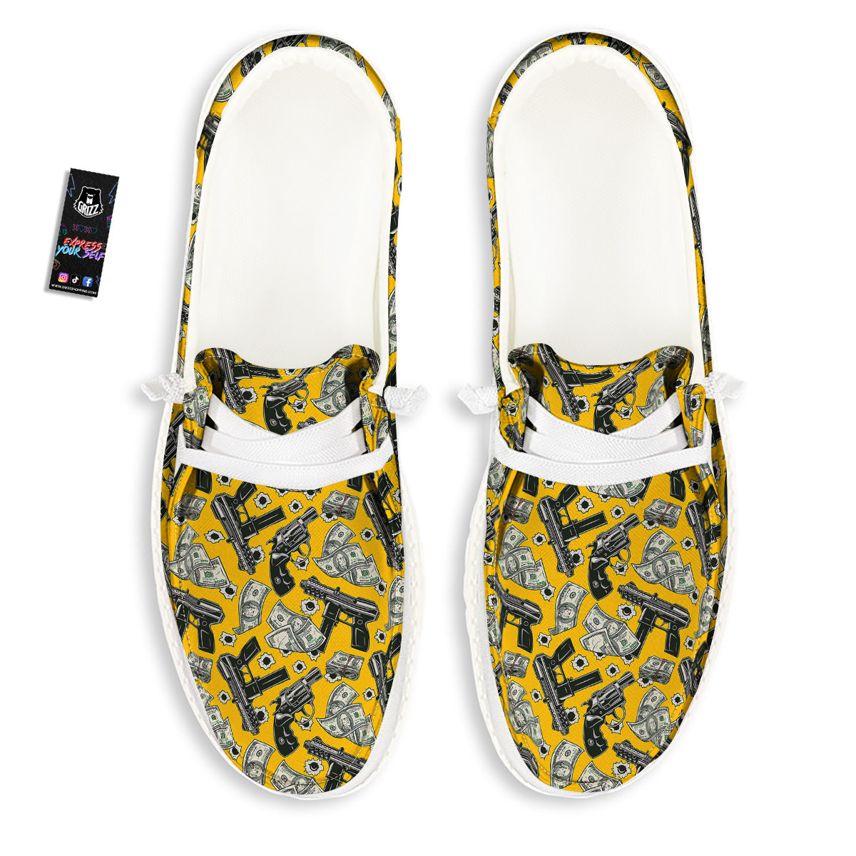 Money And Weapon Vintage Print Pattern White Loafers-grizzshop