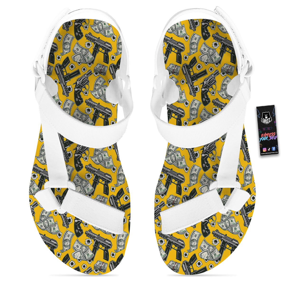 Money And Weapon Vintage Print Pattern White Open Toe Sandals-grizzshop