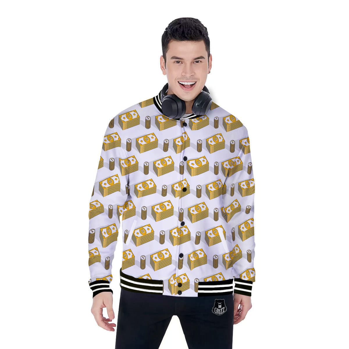 Money Cash Print Pattern Baseball Jacket-grizzshop