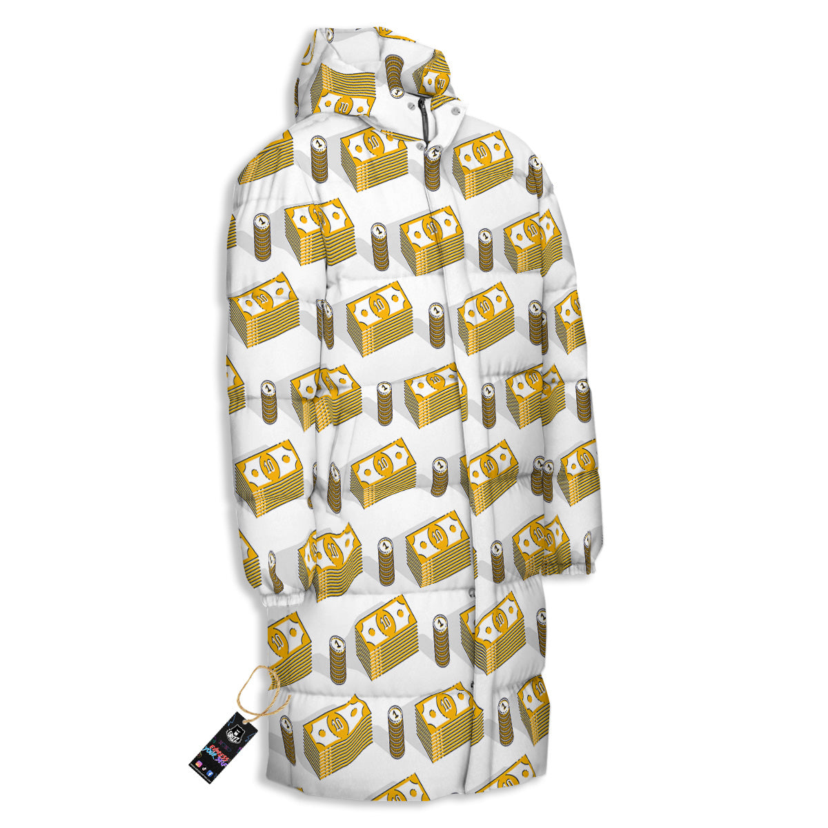 Money Cash Print Pattern Long Down Jacket-grizzshop