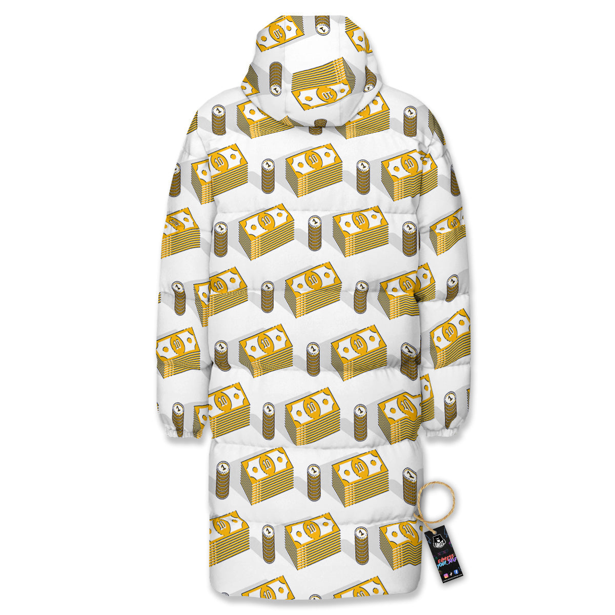Money Cash Print Pattern Long Down Jacket-grizzshop