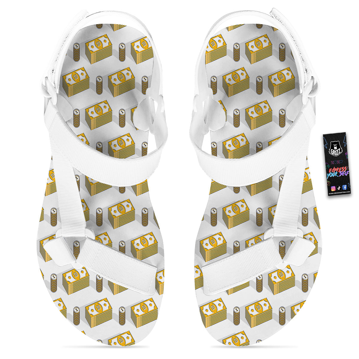 Money Cash Print Pattern White Open Toe Sandals-grizzshop