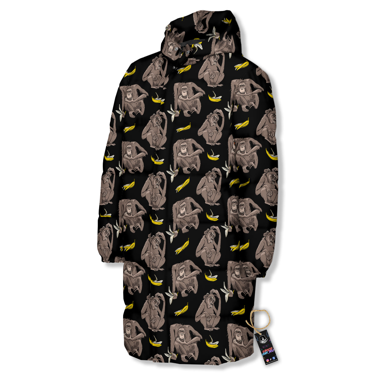Monkey And Banana Print Pattern Long Down Jacket-grizzshop