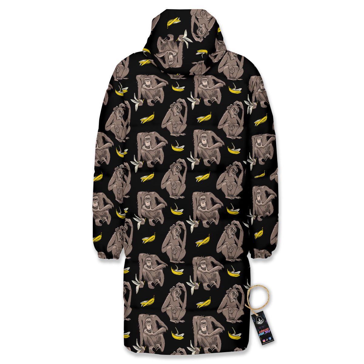 Monkey And Banana Print Pattern Long Down Jacket-grizzshop