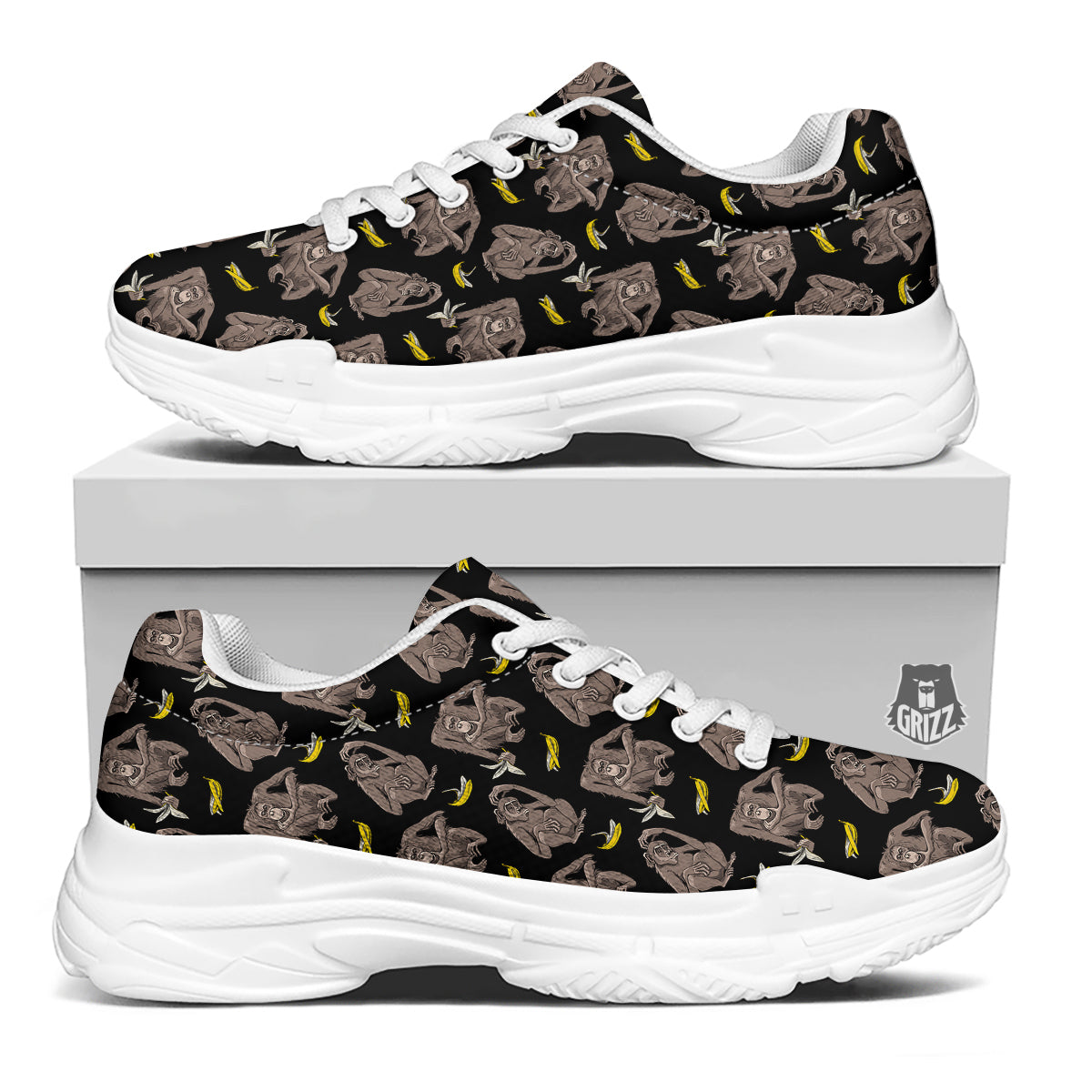 Monkey And Banana Print Pattern White Chunky Shoes-grizzshop