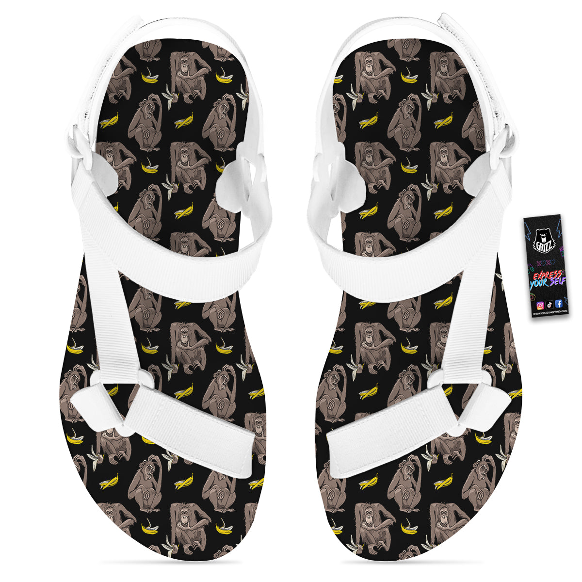 Monkey And Banana Print Pattern White Open Toe Sandals-grizzshop