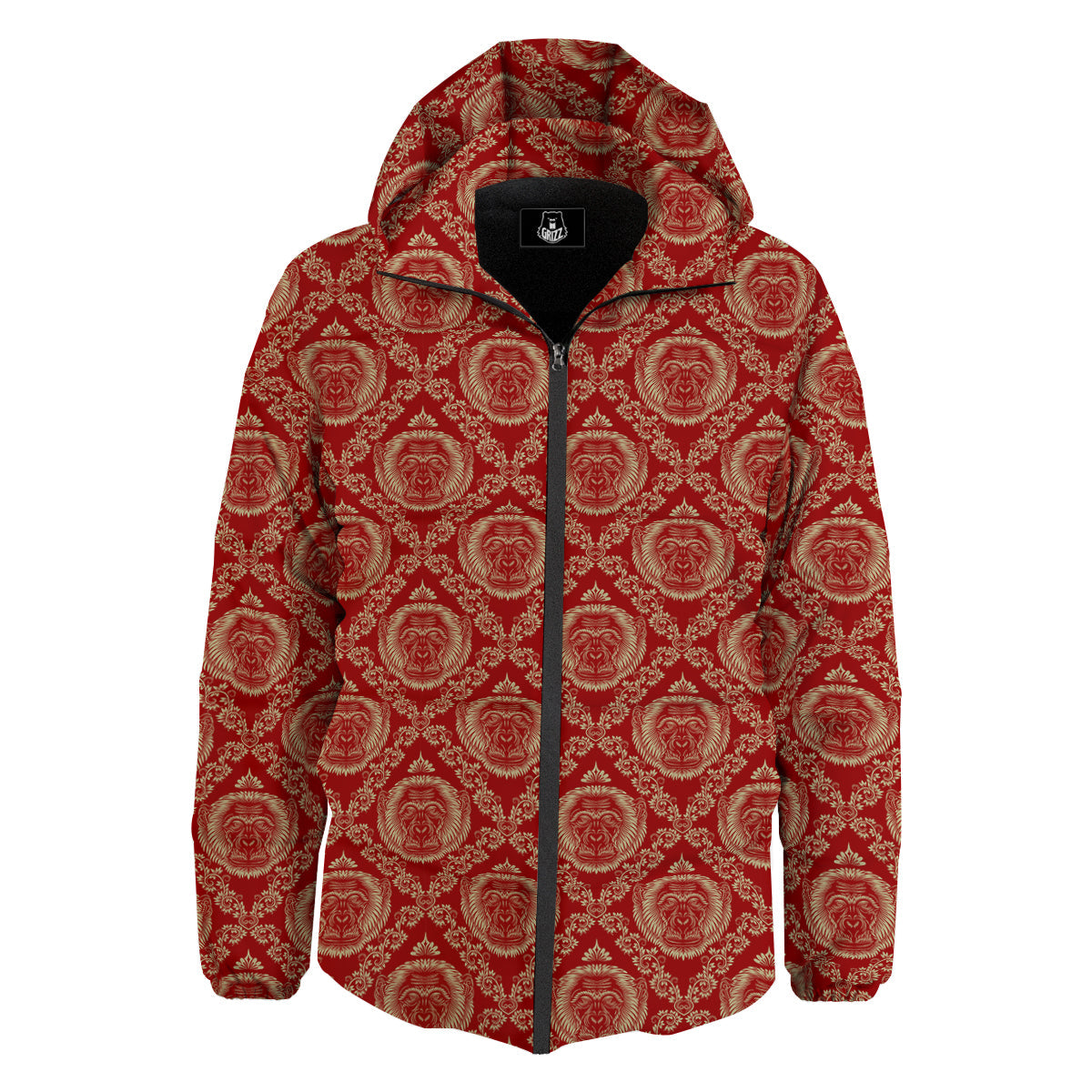 Monkey Head Floral Ornament Print Pattern Down Jacket-grizzshop