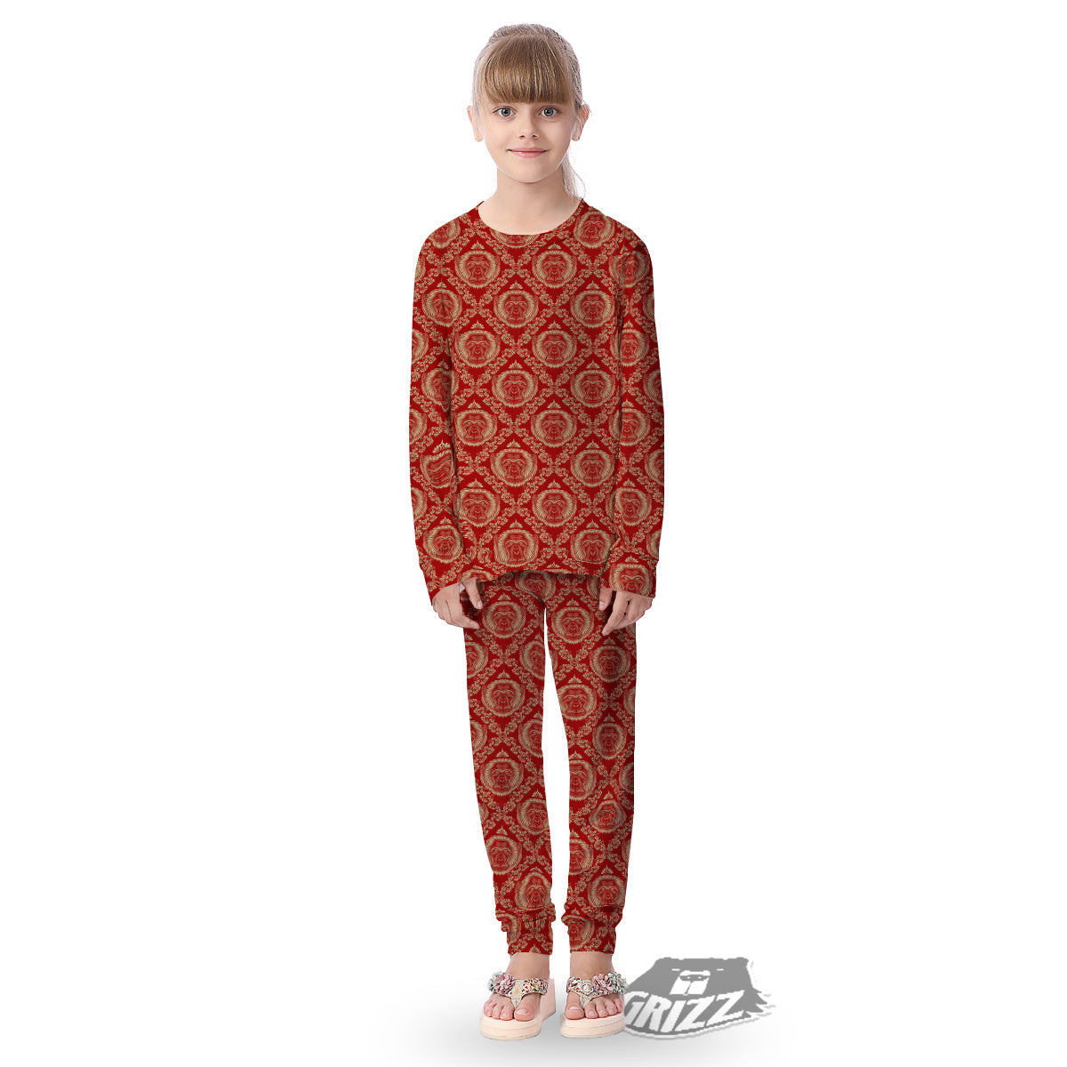 Monkey Head Floral Ornament Print Pattern Kid's Pajamas-grizzshop