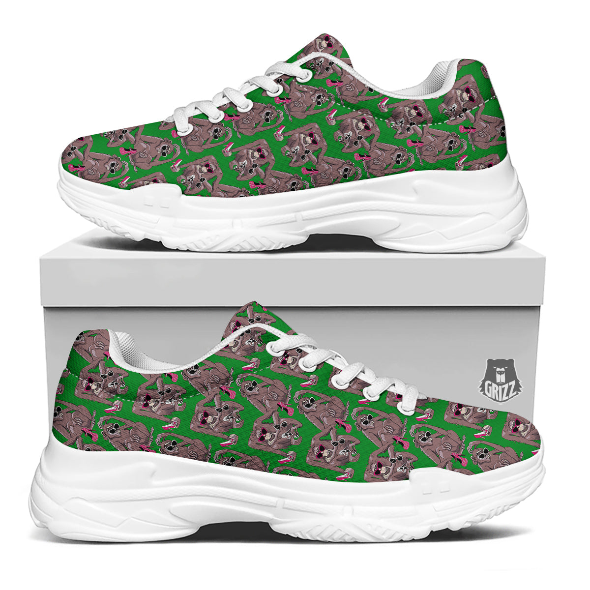 Monkey with the Shoes and Glasses Print Pattern White Chunky Shoes-grizzshop