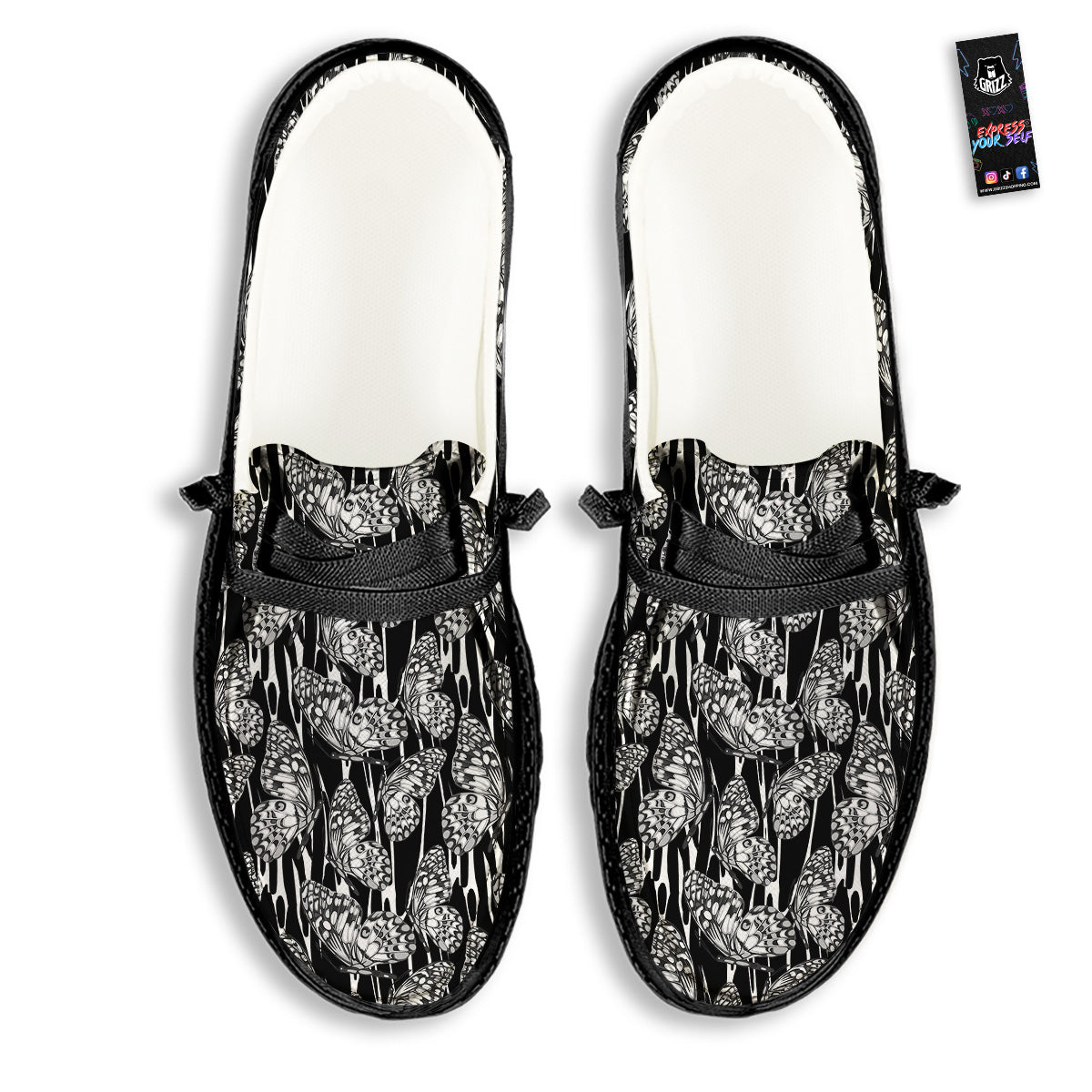 Monochrom Butterfly Print Pattern Black Loafers-grizzshop