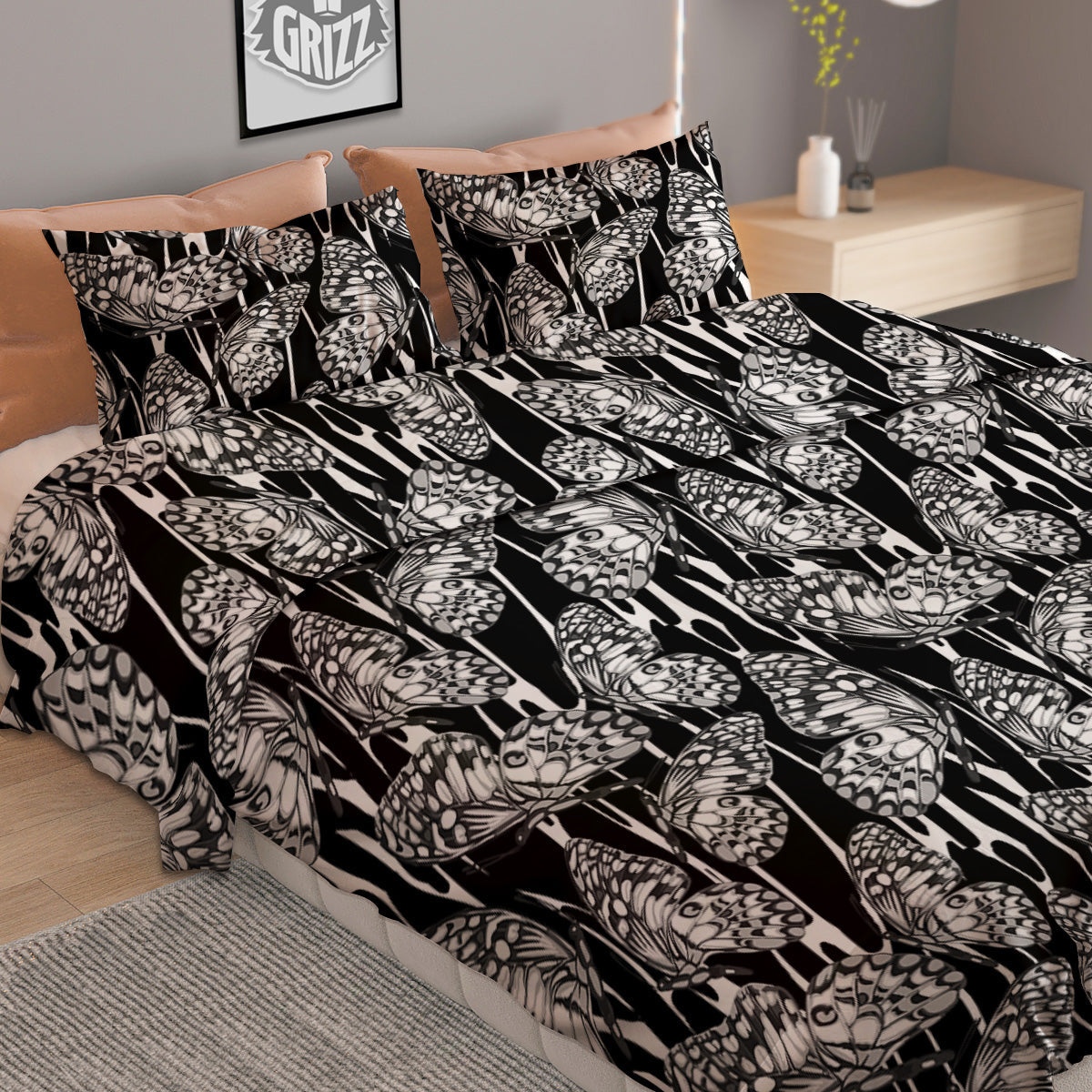 Monochrom Butterfly Print Pattern Duvet Cover Bedding Set