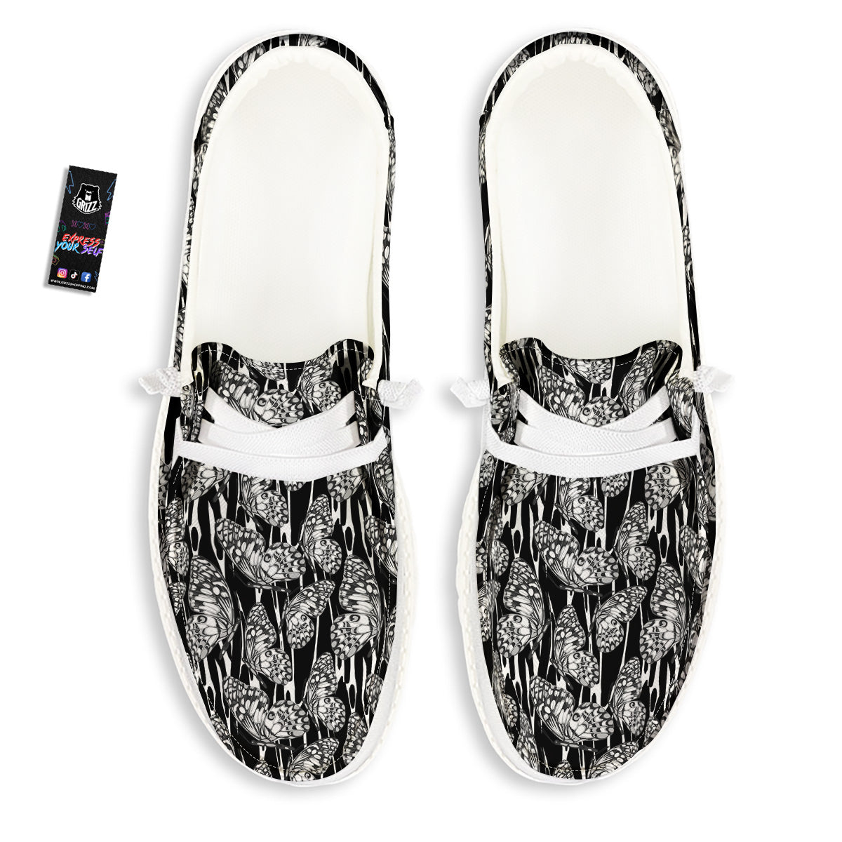 Monochrom Butterfly Print Pattern White Loafers-grizzshop