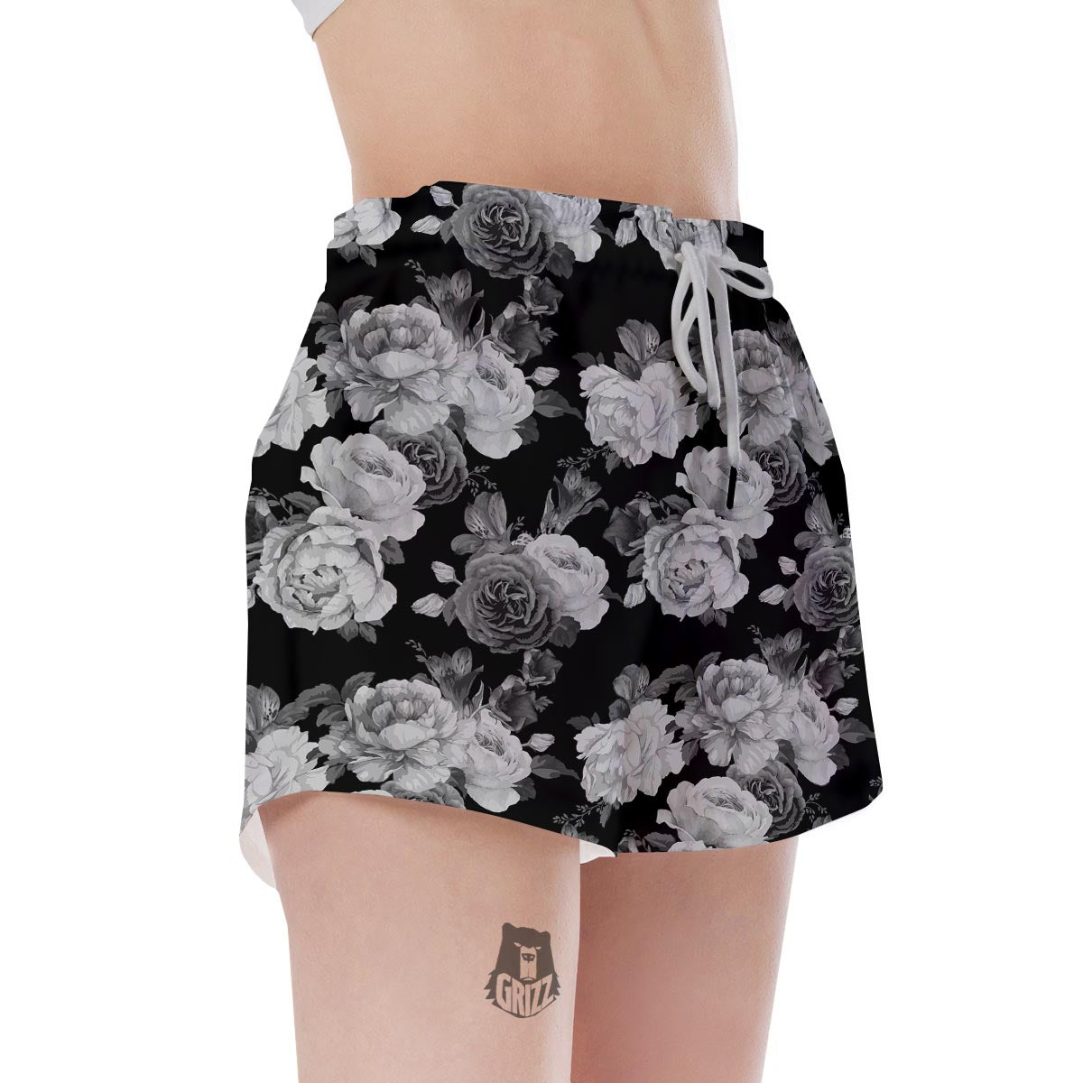 Monochrome Rose Floral Women's Shorts-grizzshop