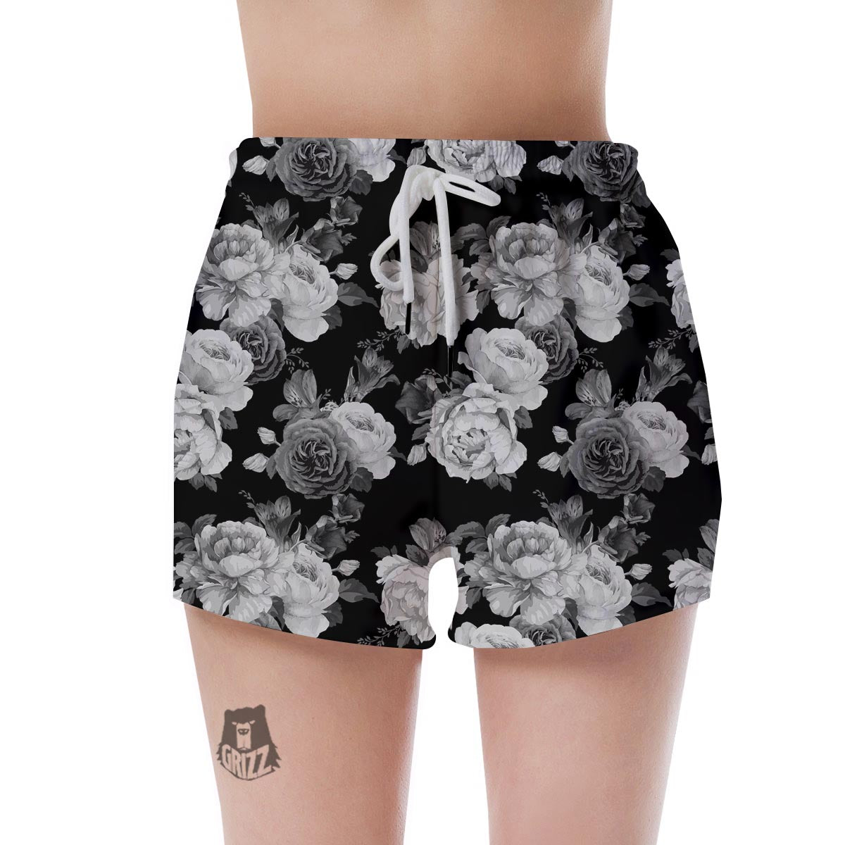 Monochrome Rose Floral Women's Shorts-grizzshop