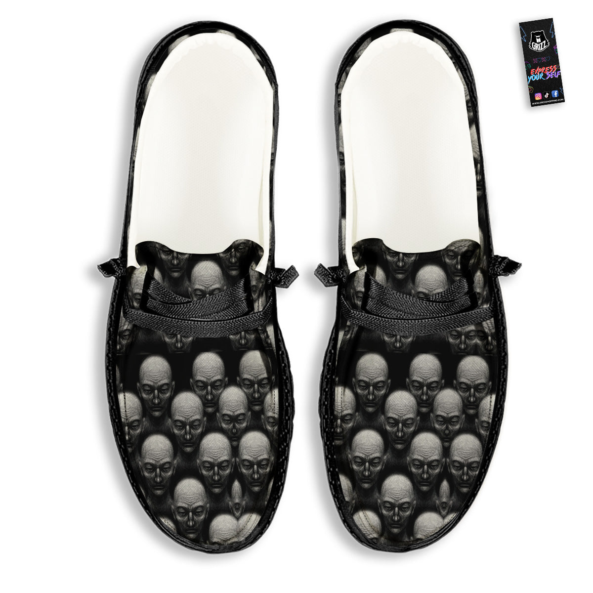Monochrome Scary Faces Hand Drawn Print Pattern Black Loafers-grizzshop