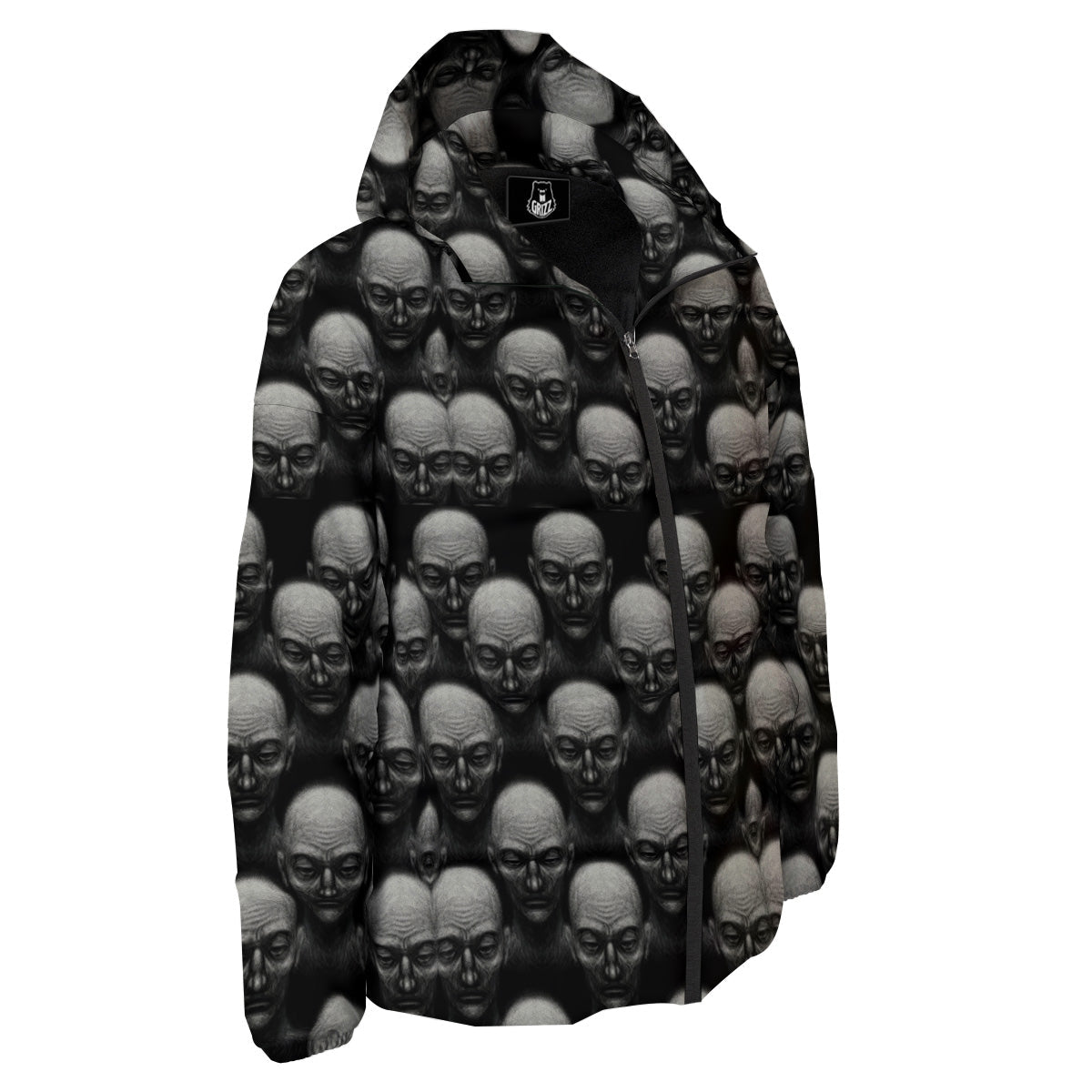 Monochrome Scary Faces Hand Drawn Print Pattern Down Jacket-grizzshop