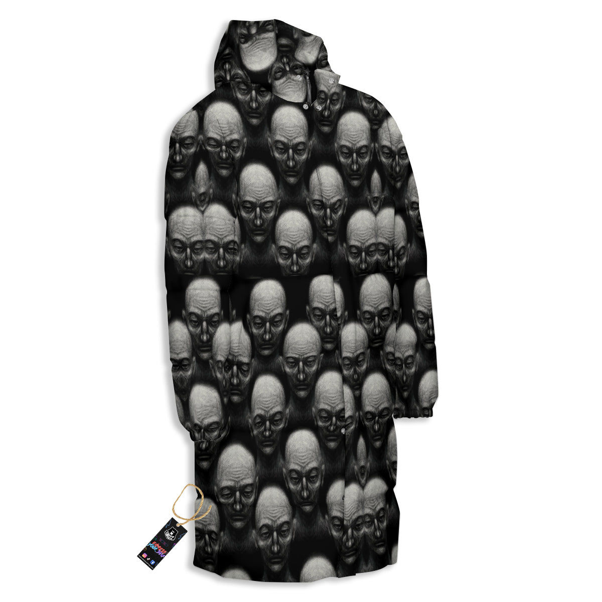 Monochrome Scary Faces Hand Drawn Print Pattern Long Down Jacket-grizzshop