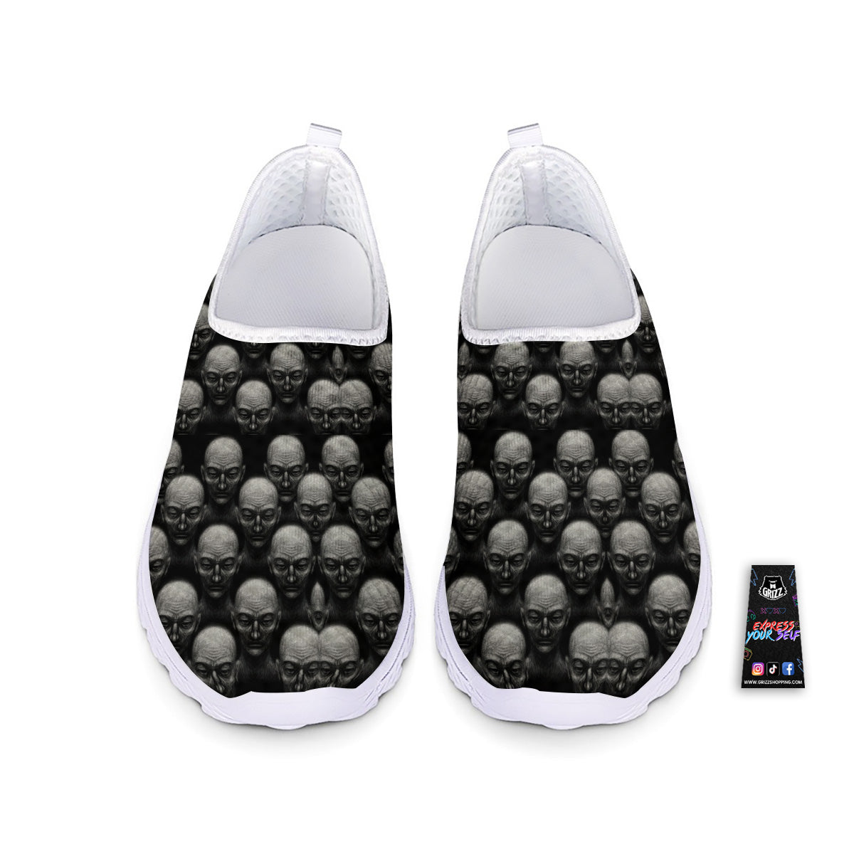 Monochrome Scary Faces Hand Drawn Print Pattern Nurse Shoes-grizzshop