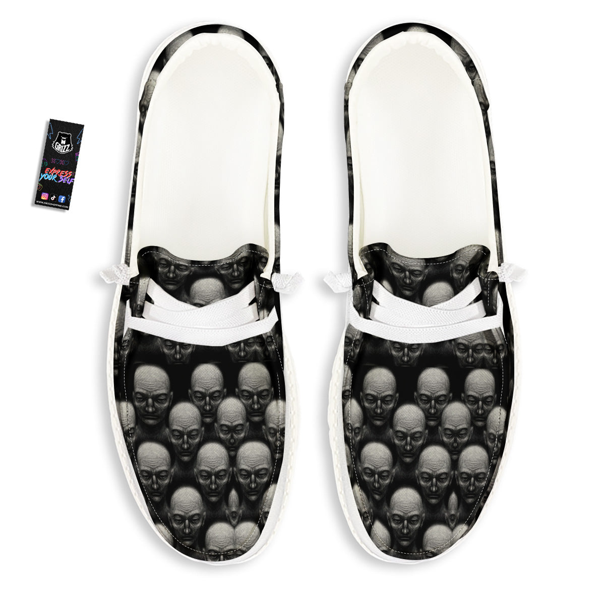 Monochrome Scary Faces Hand Drawn Print Pattern White Loafers-grizzshop