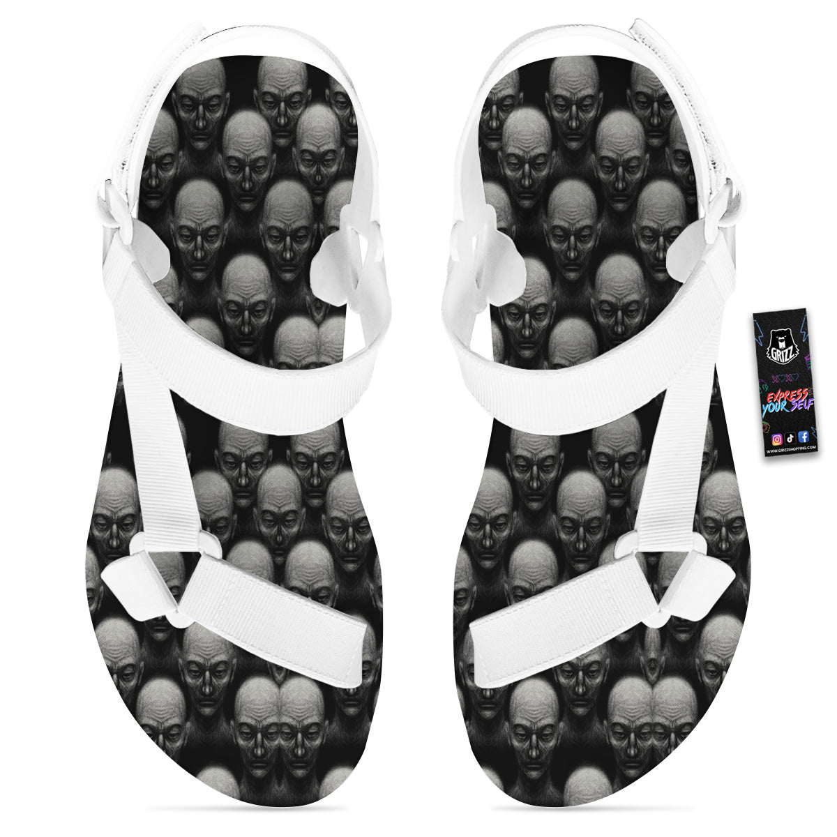 Monochrome Scary Faces Hand Drawn Print Pattern White Open Toe Sandals-grizzshop