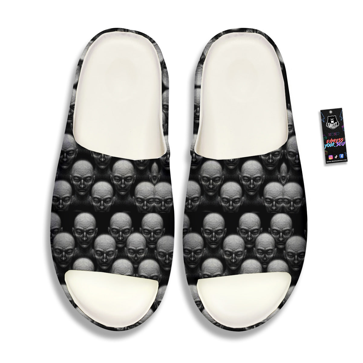 Monochrome Scary Faces Hand Drawn Print Pattern Sandals-grizzshop