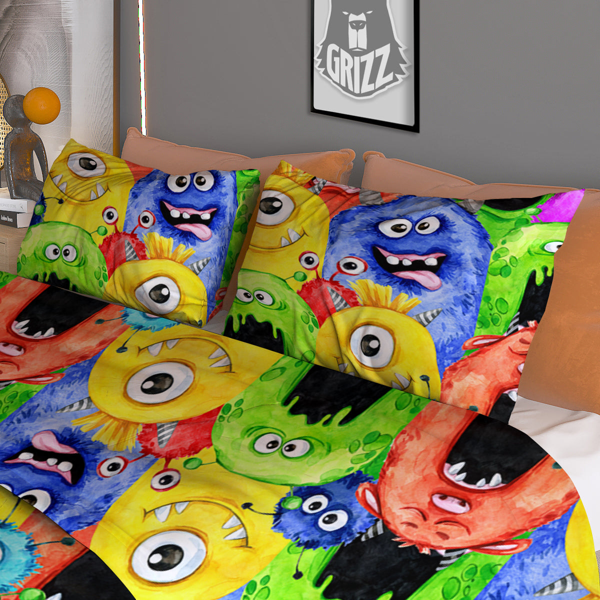 Monster Watercolor Print Pattern Duvet Cover Bedding Set