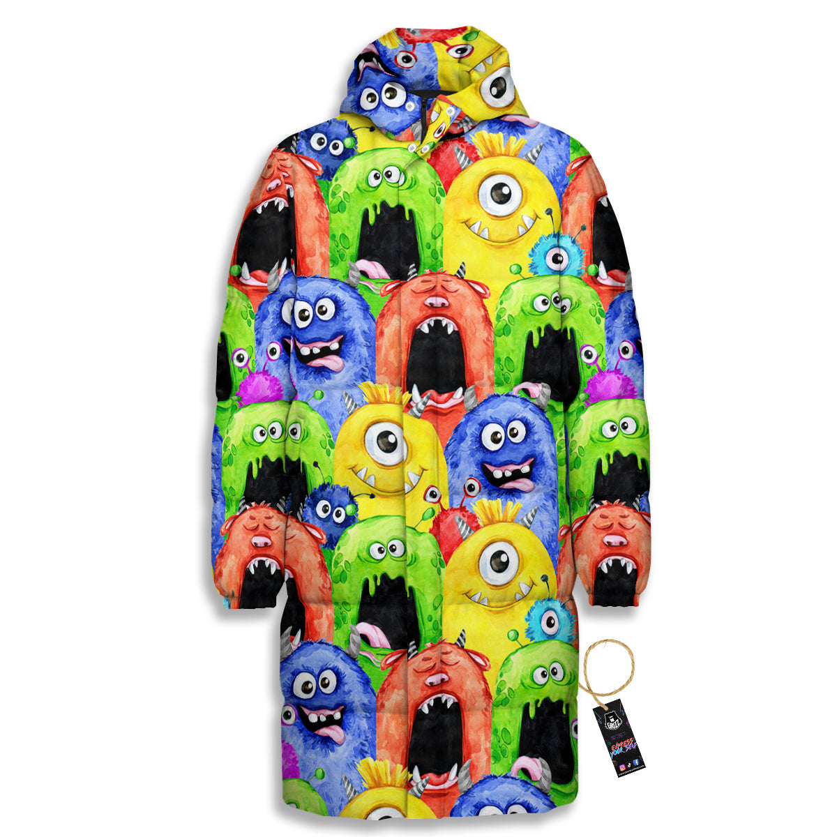 Monster Watercolor Print Pattern Long Down Jacket-grizzshop