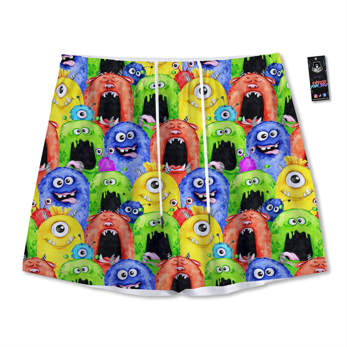 Monster Watercolor Print Pattern Mesh Shorts