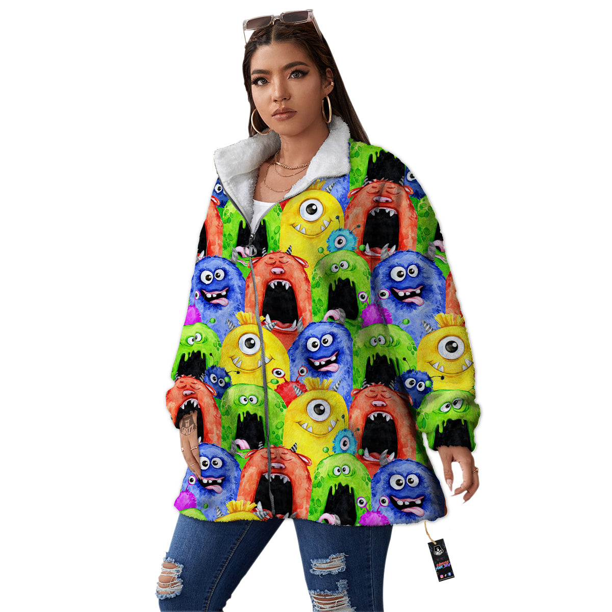 Monster Watercolor Print Pattern Women's Sherpa Jacket-grizzshop