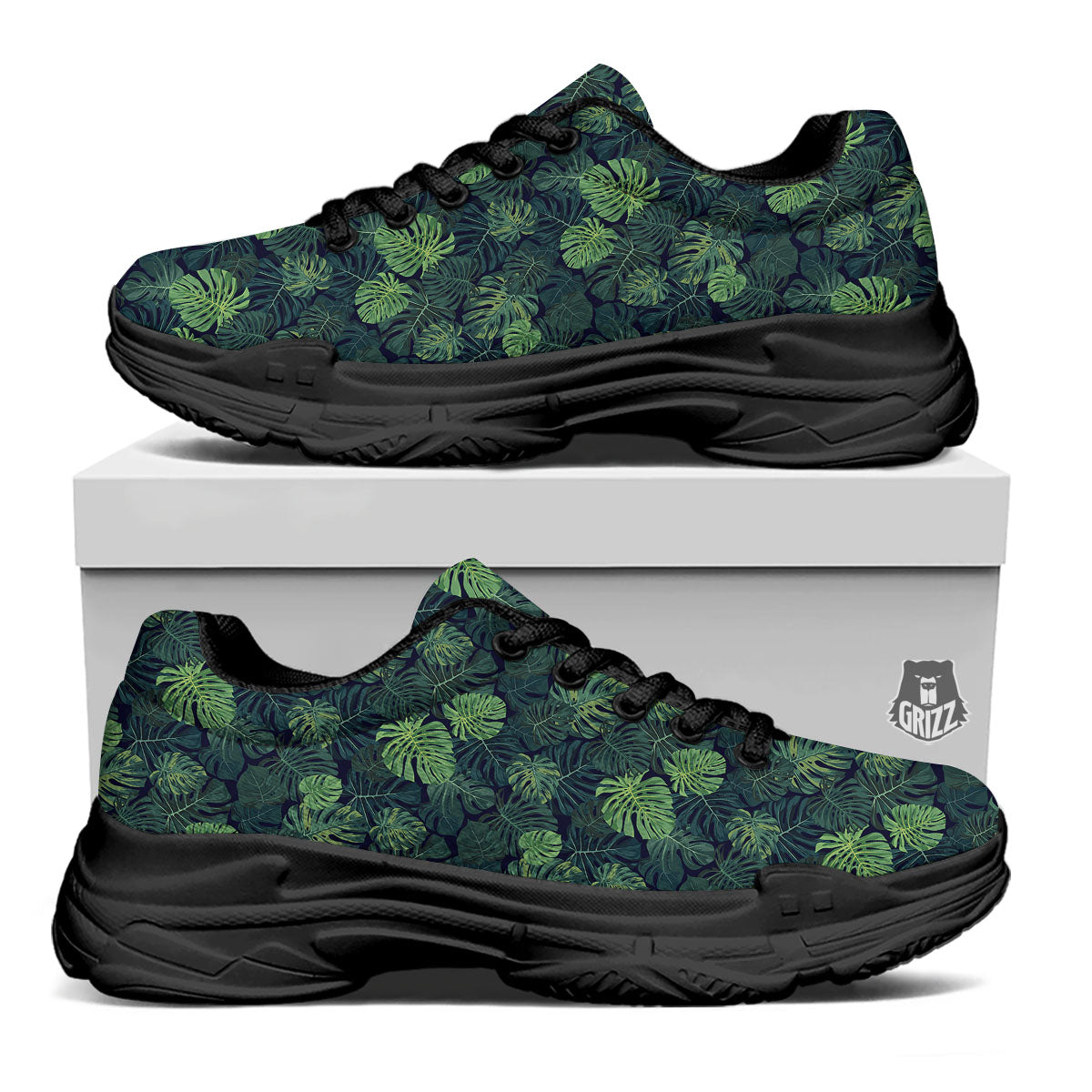 Monstera Green Tropical Print Pattern Black Chunky Shoes-grizzshop
