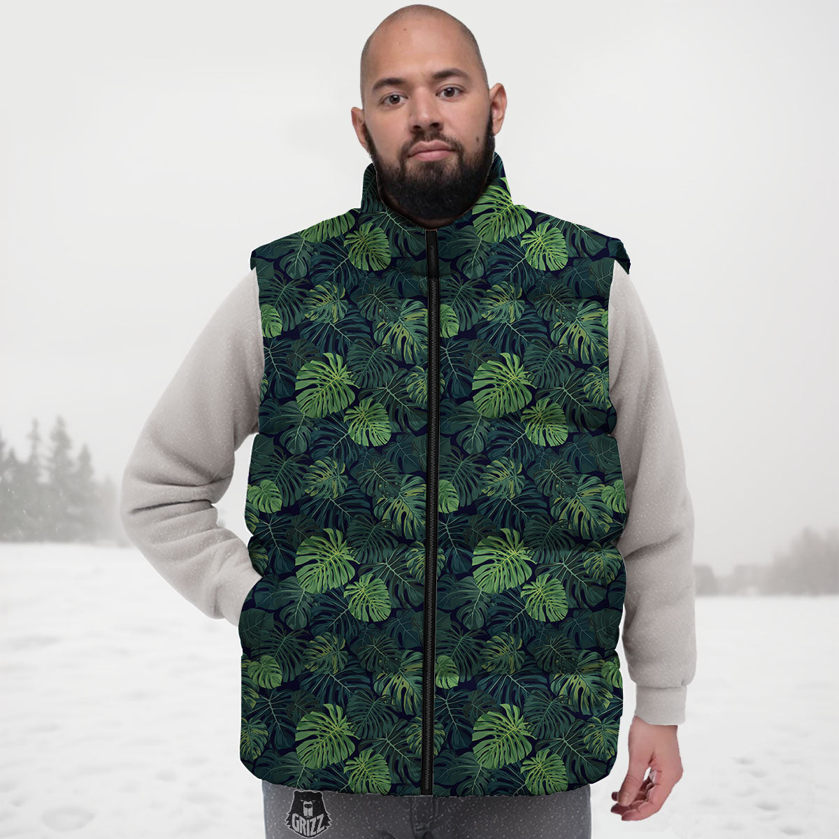 Monstera Green Tropical Print Pattern Down Vest